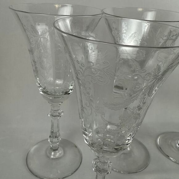 Vintage Etched Crystal Flower Wine Glasses Water Goblets Set Of 6 - Picture 2 of 5